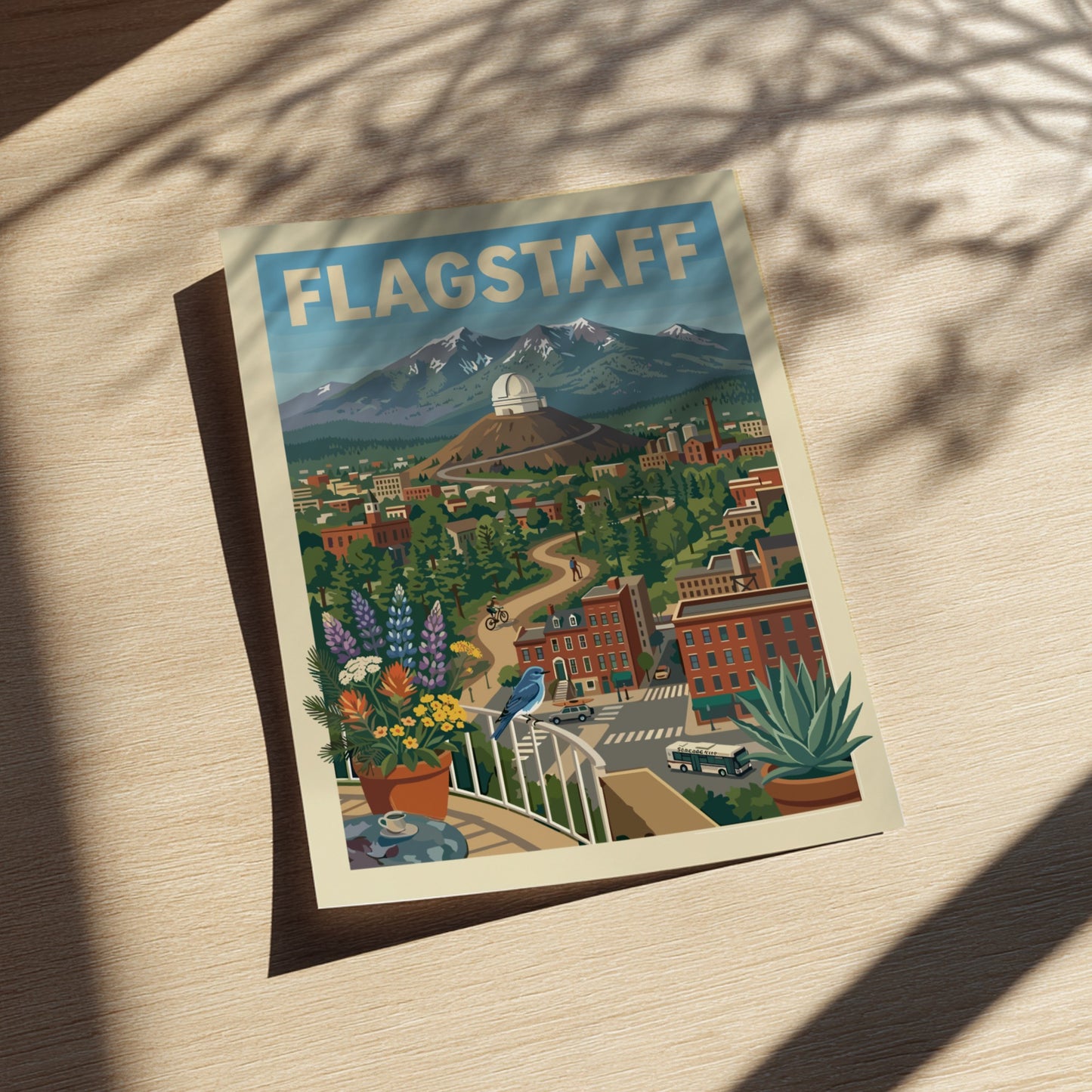 Flagstaff cityscape poster with observatory, mountains, trees, and buildings in a vintage travel art style.