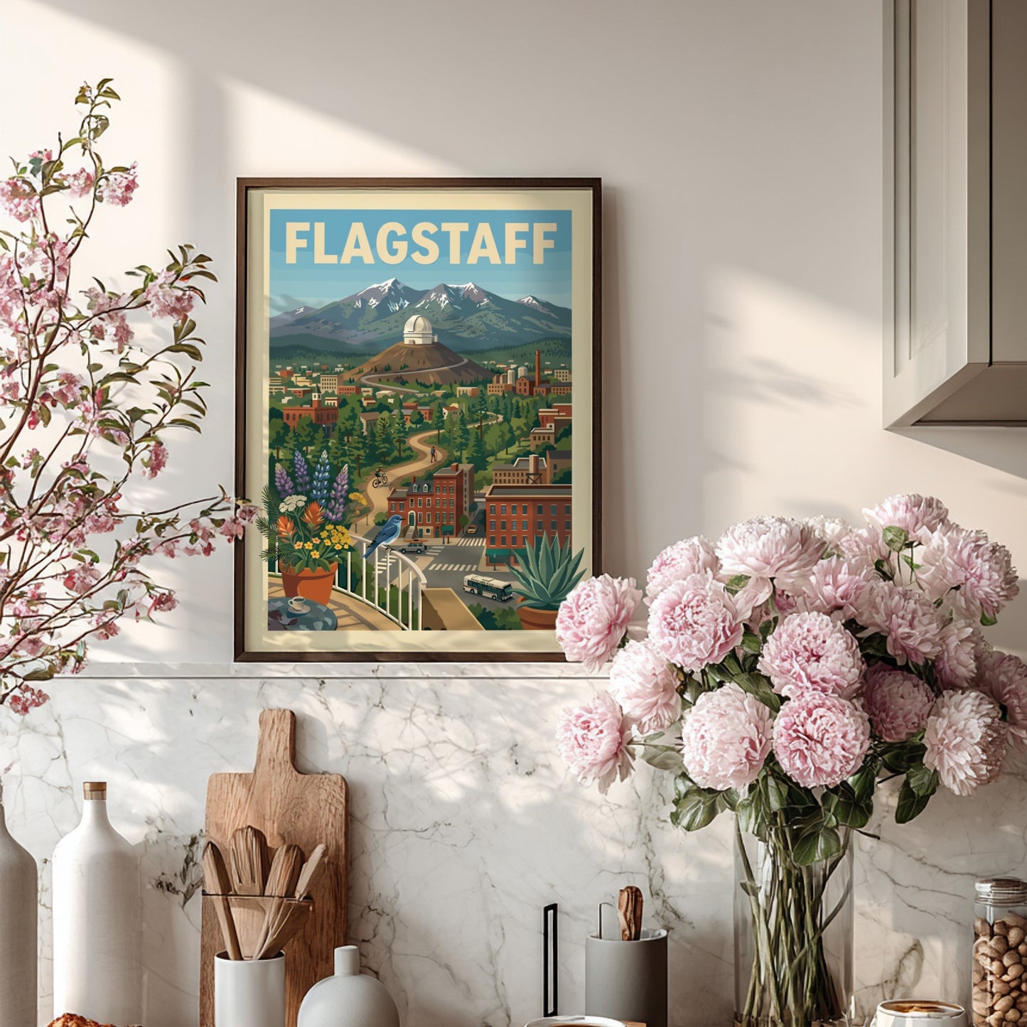 Flagstaff cityscape poster with observatory, mountains, trees, and buildings in a vintage travel art style.