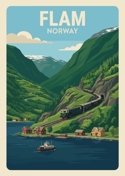 Poster of a train winding through lush green Norwegian mountains near a fjord