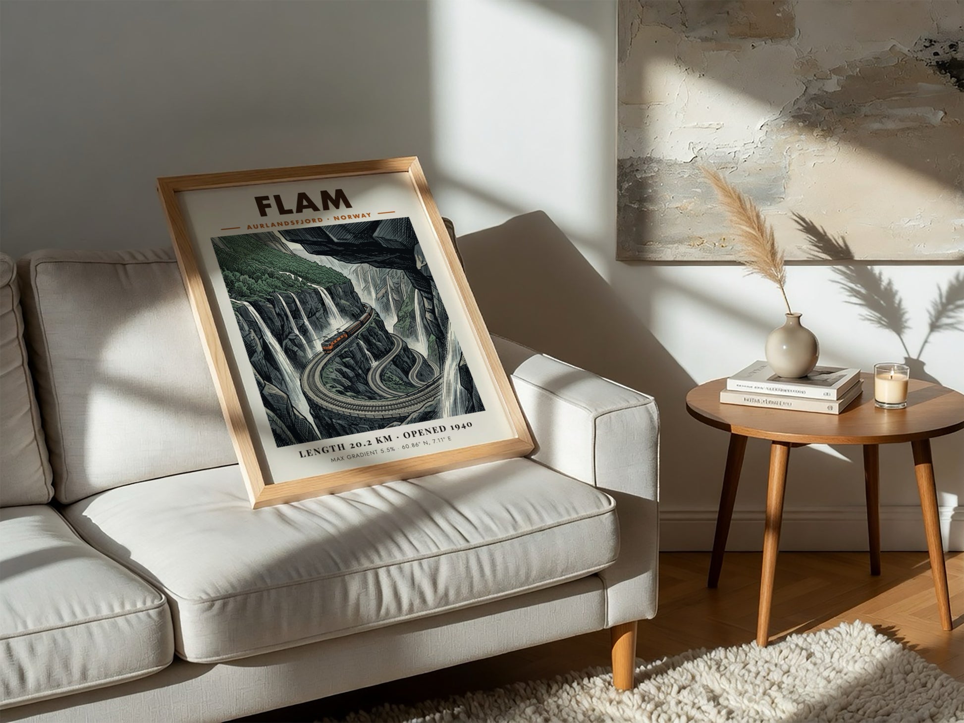 Poster featuring the Flam railway climbing steep Norwegian cliffs past waterfalls and mountains.
