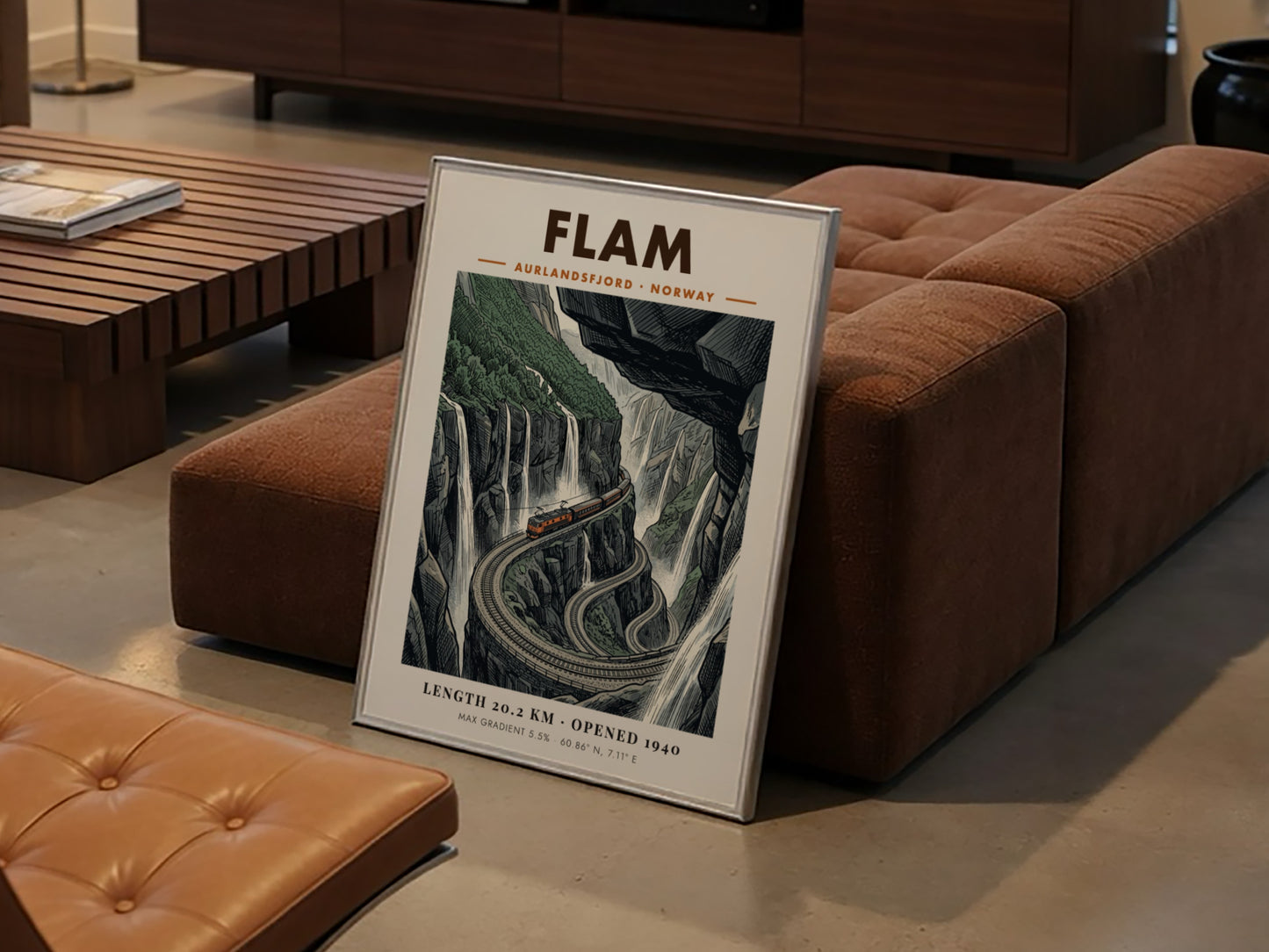 Poster featuring the Flam railway climbing steep Norwegian cliffs past waterfalls and mountains.