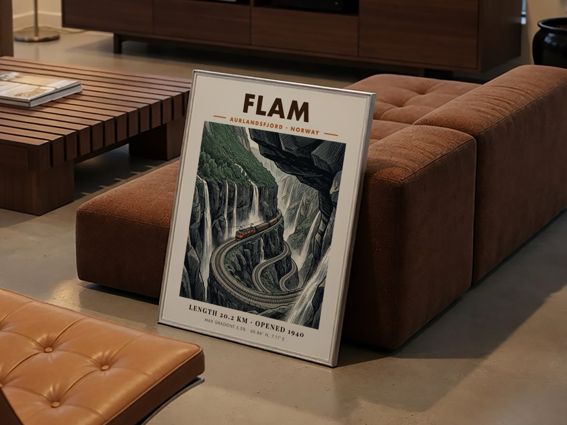 Poster featuring the Flam railway climbing steep Norwegian cliffs past waterfalls and mountains.