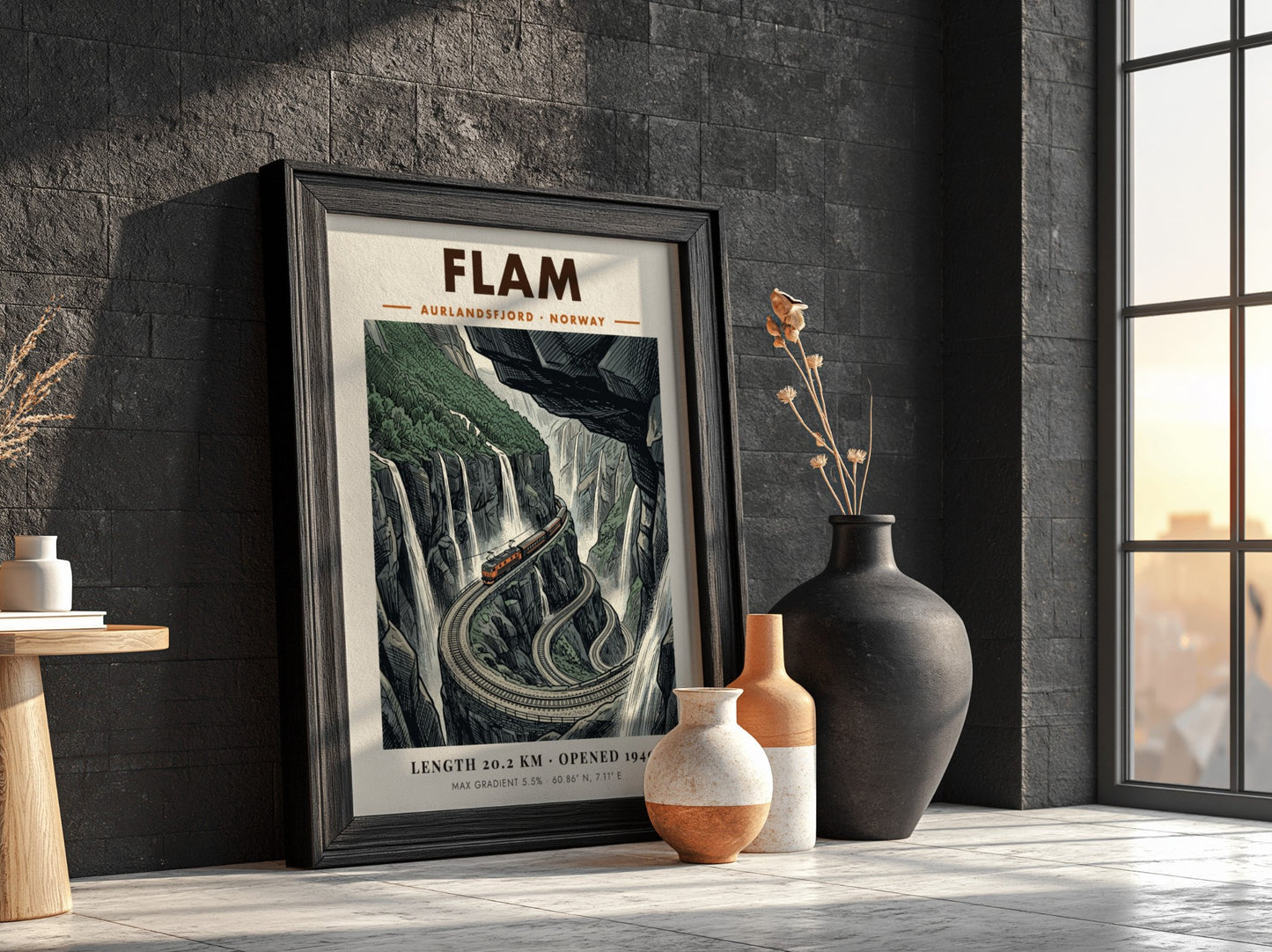 Poster featuring the Flam railway climbing steep Norwegian cliffs past waterfalls and mountains.