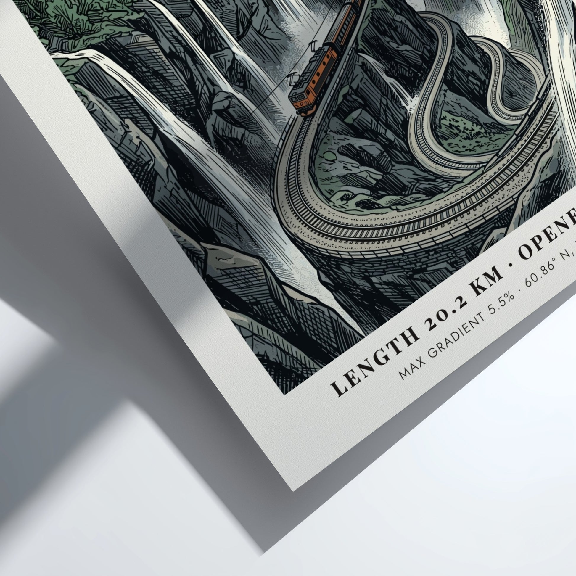 Poster featuring the Flam railway climbing steep Norwegian cliffs past waterfalls and mountains.