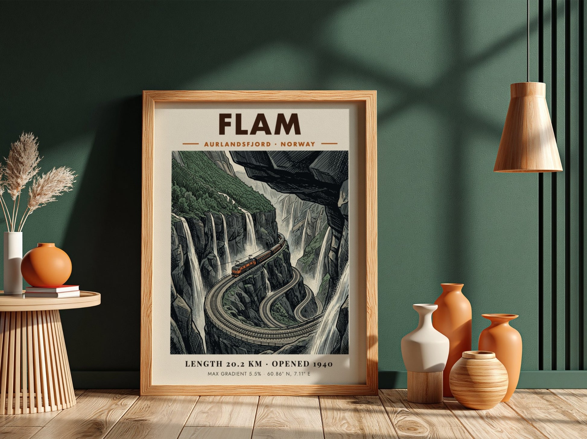 Poster featuring the Flam railway climbing steep Norwegian cliffs past waterfalls and mountains.