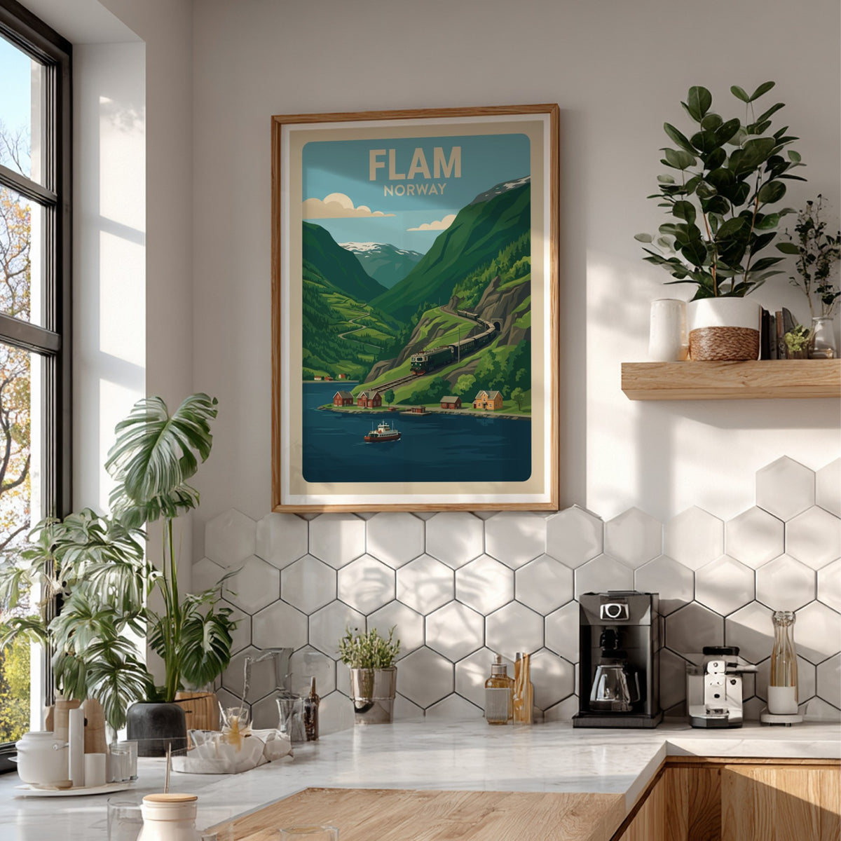 Poster of a train winding through lush green Norwegian mountains near a fjord
