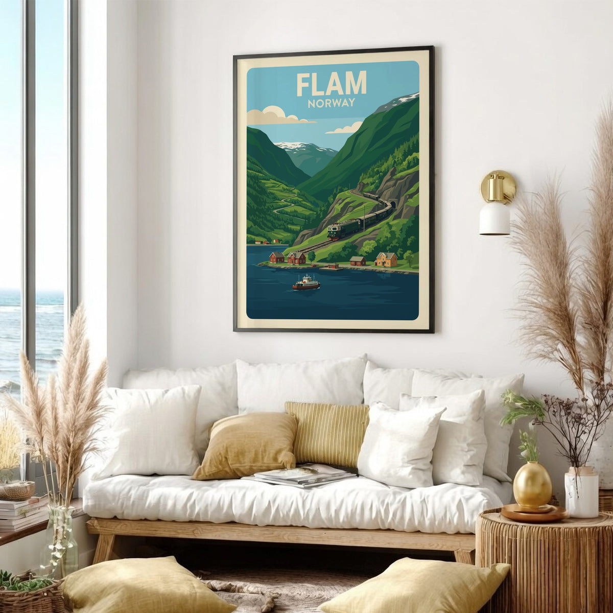 Poster of a train winding through lush green Norwegian mountains near a fjord