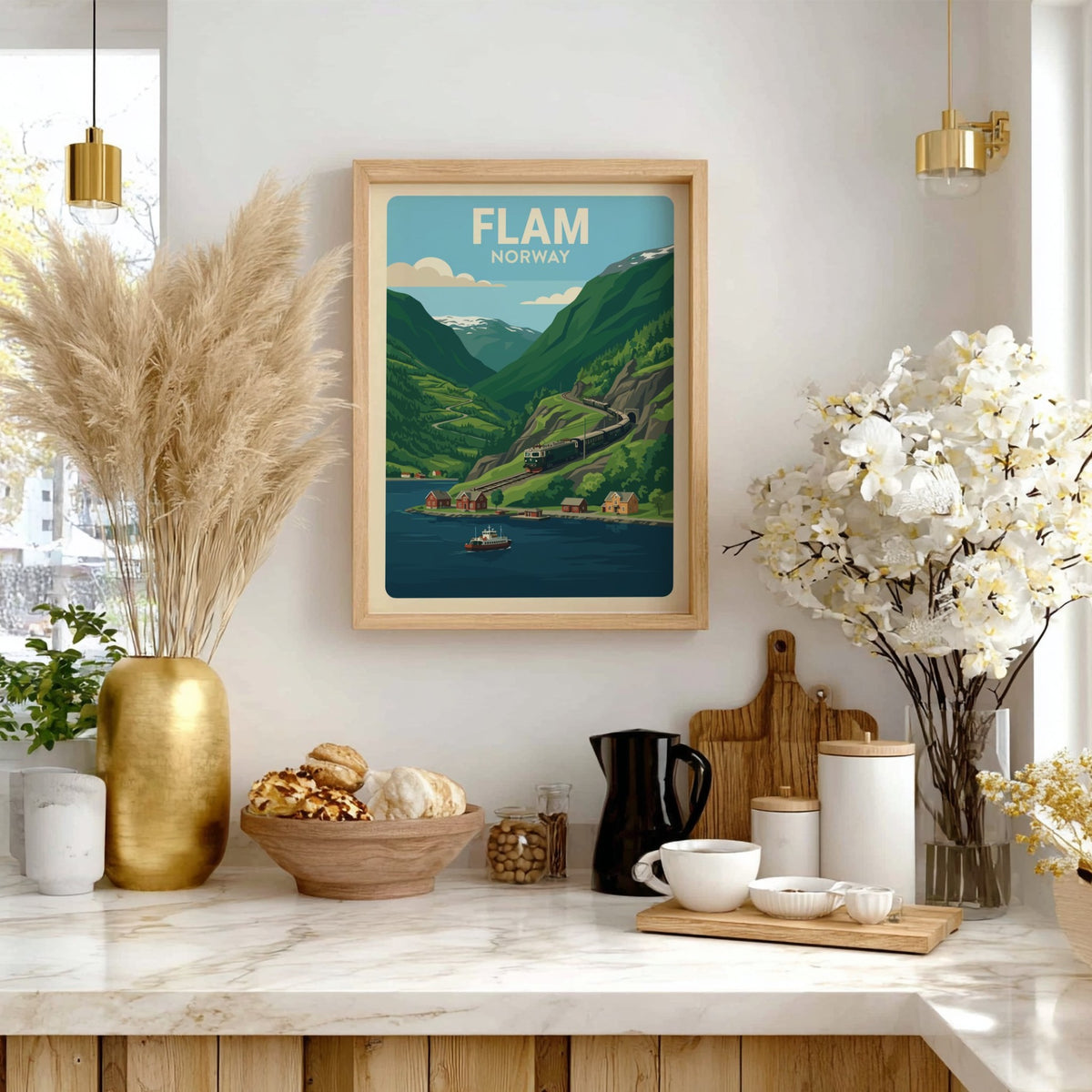 Poster of a train winding through lush green Norwegian mountains near a fjord