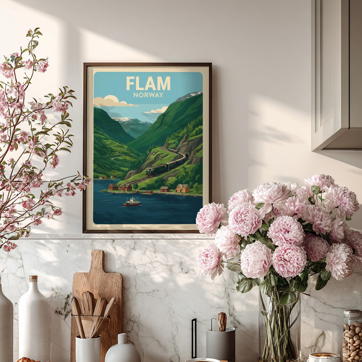 Poster of a train winding through lush green Norwegian mountains near a fjord