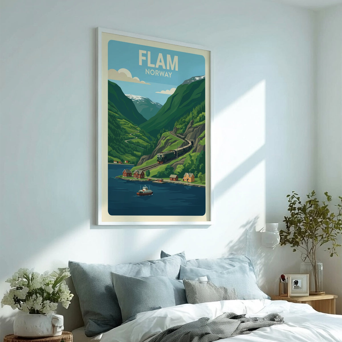 Poster of a train winding through lush green Norwegian mountains near a fjord