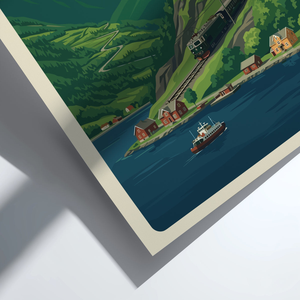 Poster of a train winding through lush green Norwegian mountains near a fjord