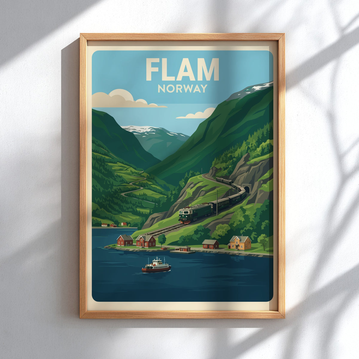 Poster of a train winding through lush green Norwegian mountains near a fjord