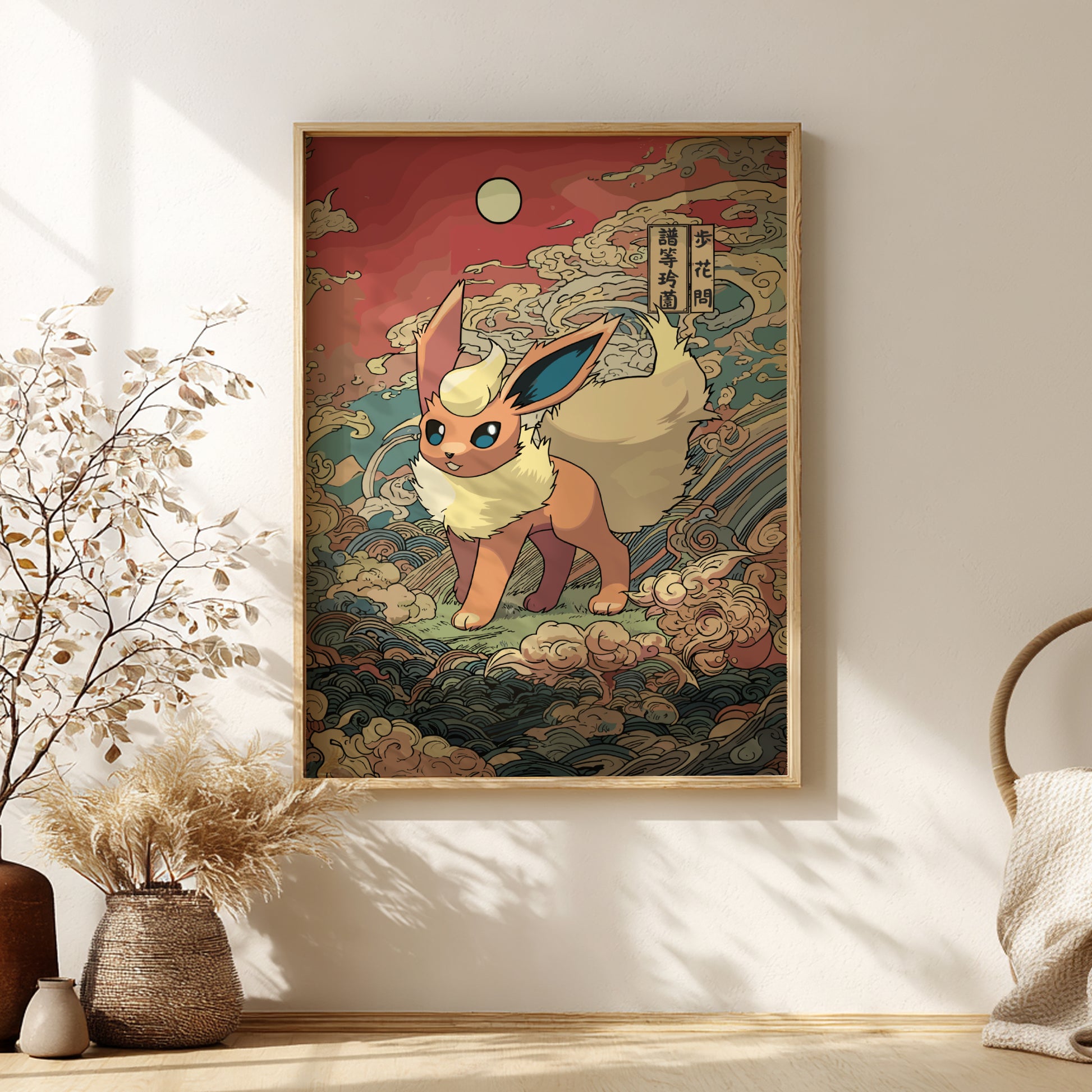 Framed artwork of a stylized Flareon Pokemon on a wall with decorative elements.