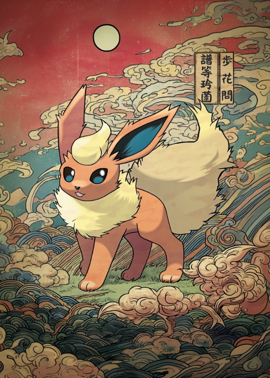 Flareon Pokemon character standing on a cloud with a stylized background