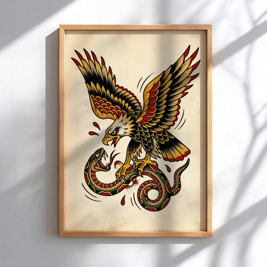 Poster featuring a traditional tattoo eagle fighting a snake in bold vintage ink colors.