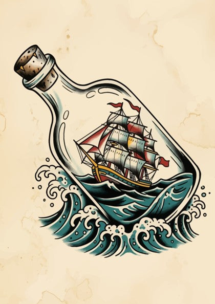 Poster featuring a traditional tattoo style ship inside a bottle on teal waves.