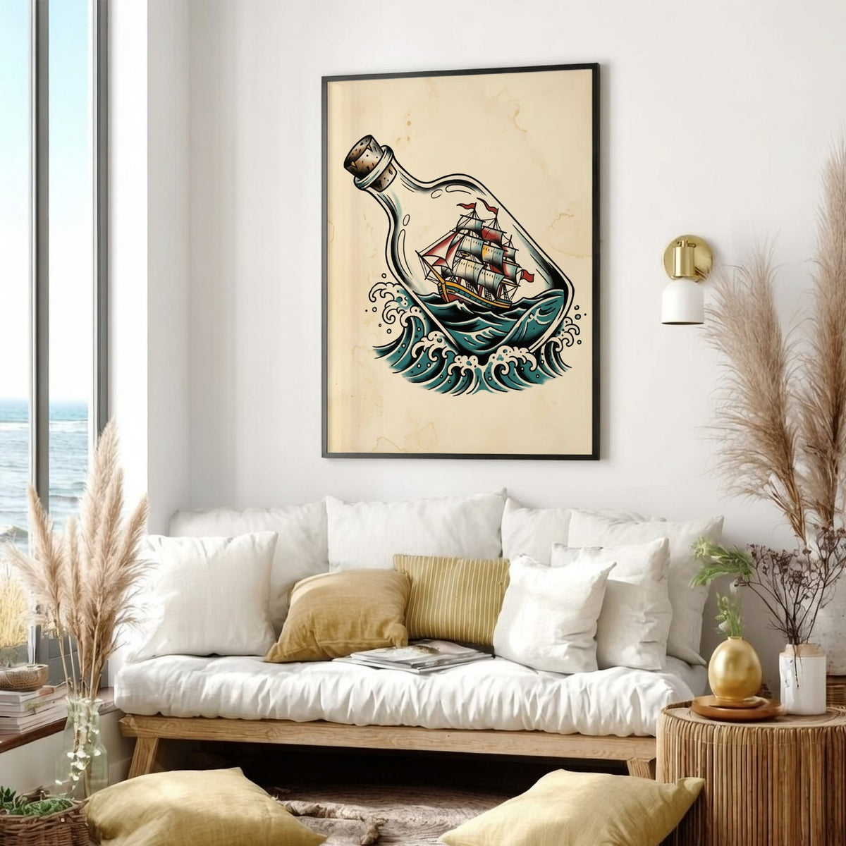 Poster featuring a traditional tattoo style ship inside a bottle on teal waves.