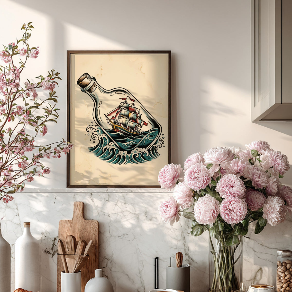 Poster featuring a traditional tattoo style ship inside a bottle on teal waves.
