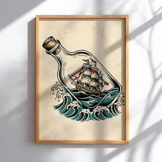 Poster featuring a traditional tattoo style ship inside a bottle on teal waves.