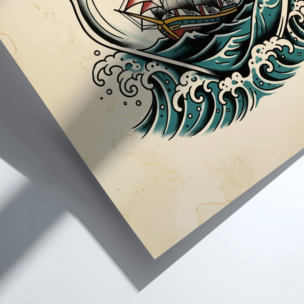 Poster featuring a traditional tattoo style ship inside a bottle on teal waves.
