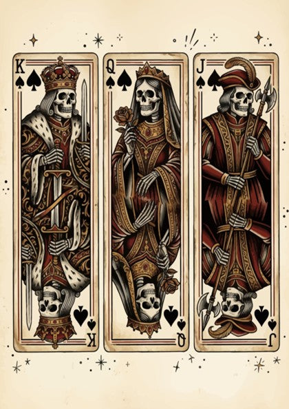 Poster featuring a vintage skeletal king queen and jack in tattoo flash style