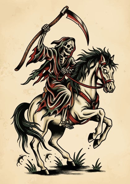 Poster featuring a skeleton grim reaper riding a white horse in traditional tattoo style