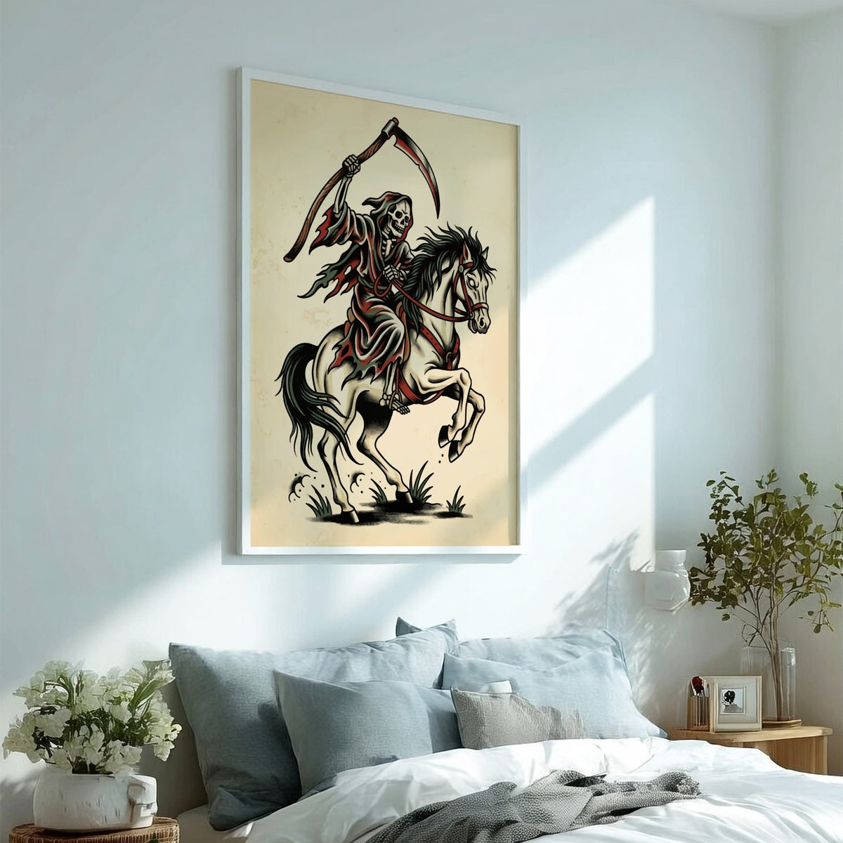 Poster featuring a skeleton grim reaper riding a white horse in traditional tattoo style