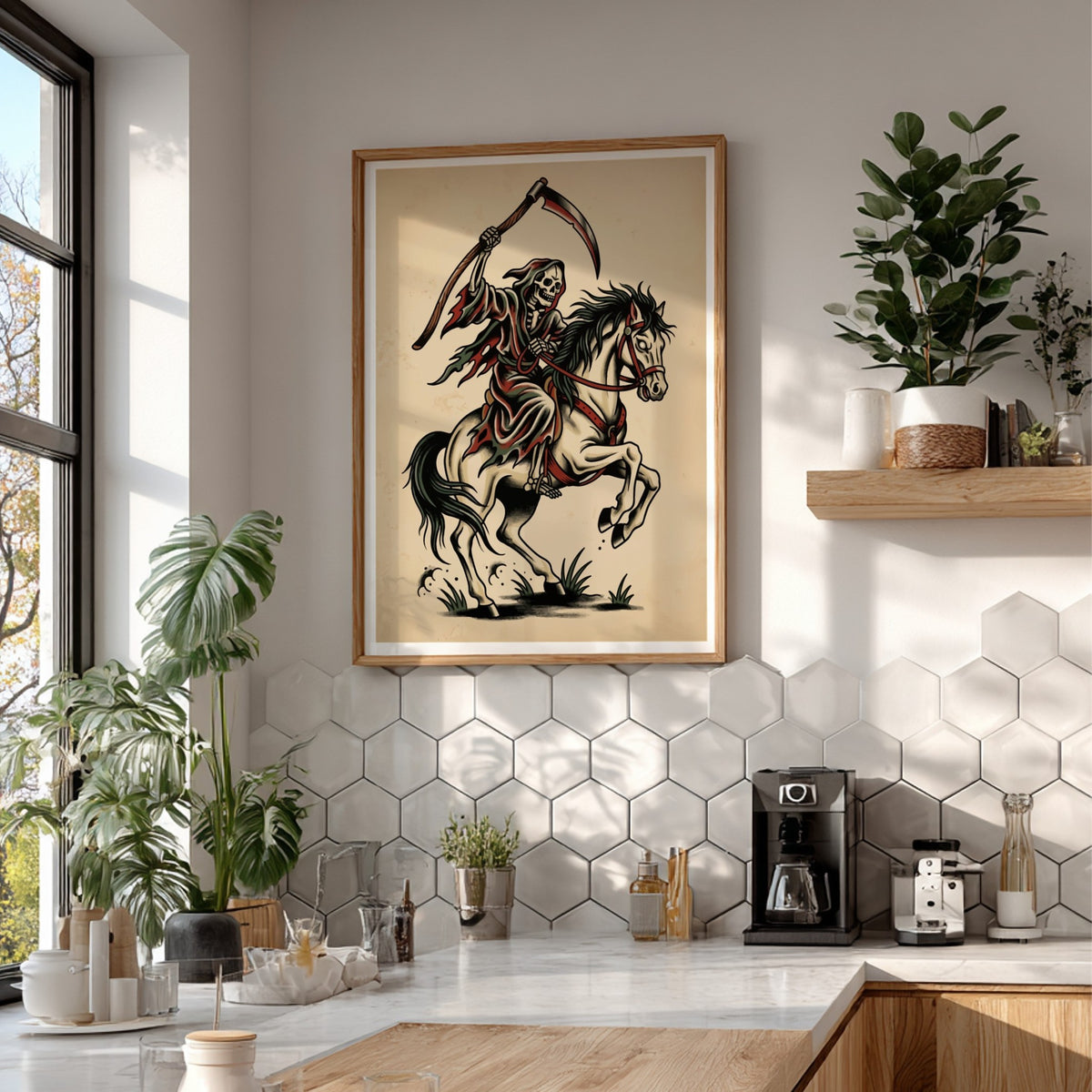 Poster featuring a skeleton grim reaper riding a white horse in traditional tattoo style