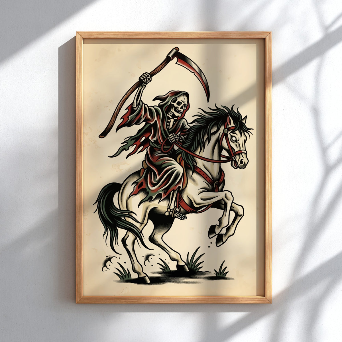 Poster featuring a skeleton grim reaper riding a white horse in traditional tattoo style
