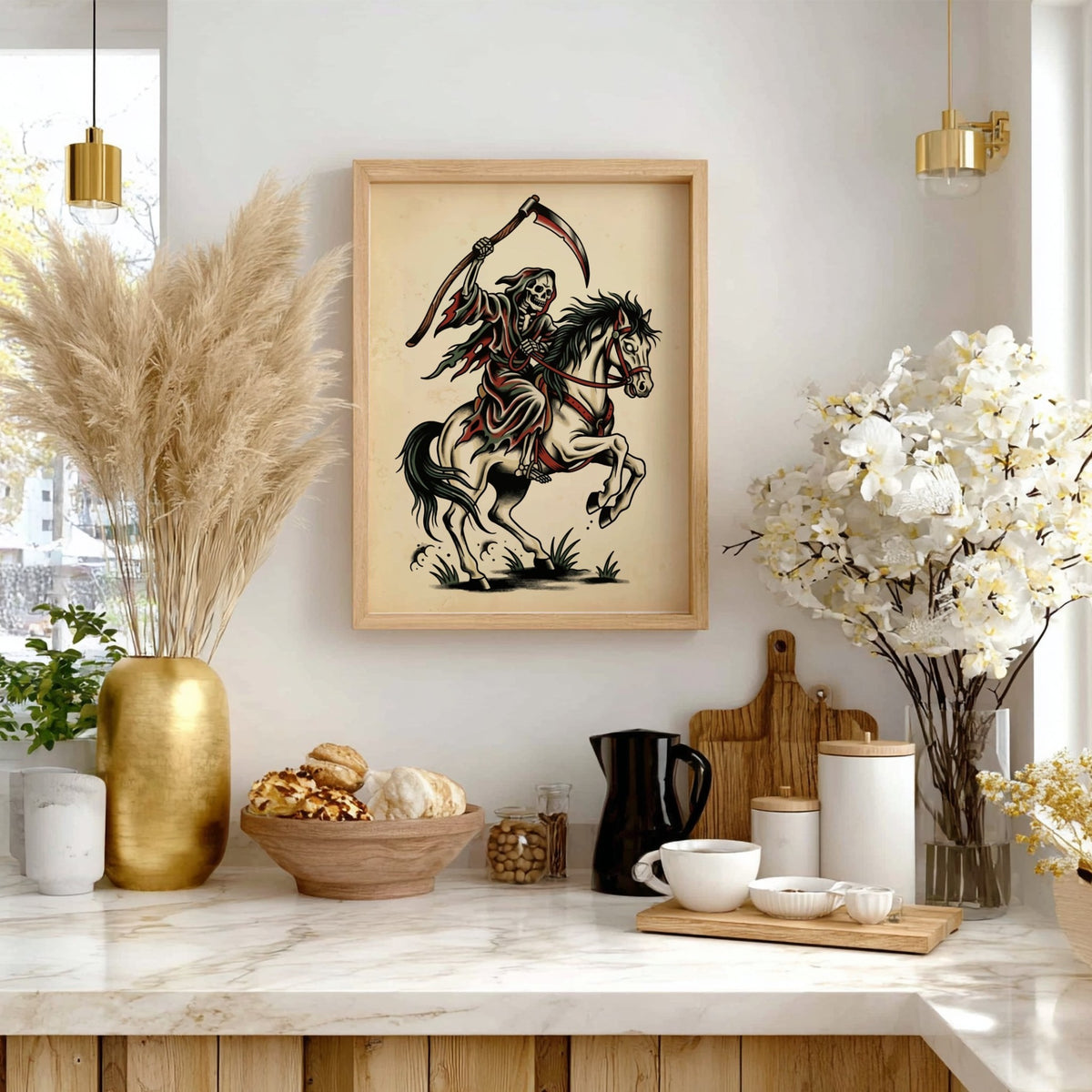 Poster featuring a skeleton grim reaper riding a white horse in traditional tattoo style