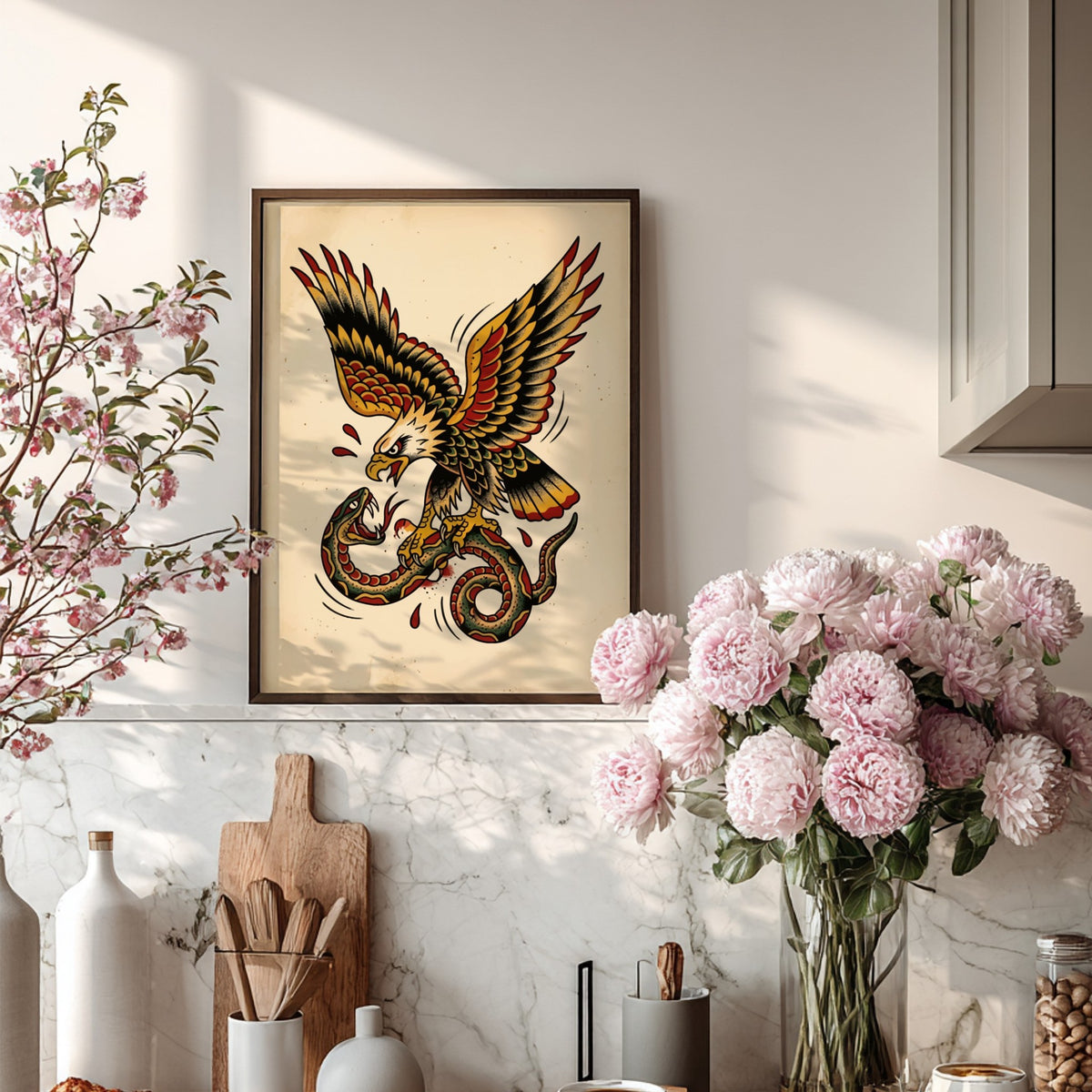 Poster featuring a traditional tattoo eagle fighting a snake in bold vintage ink colors.