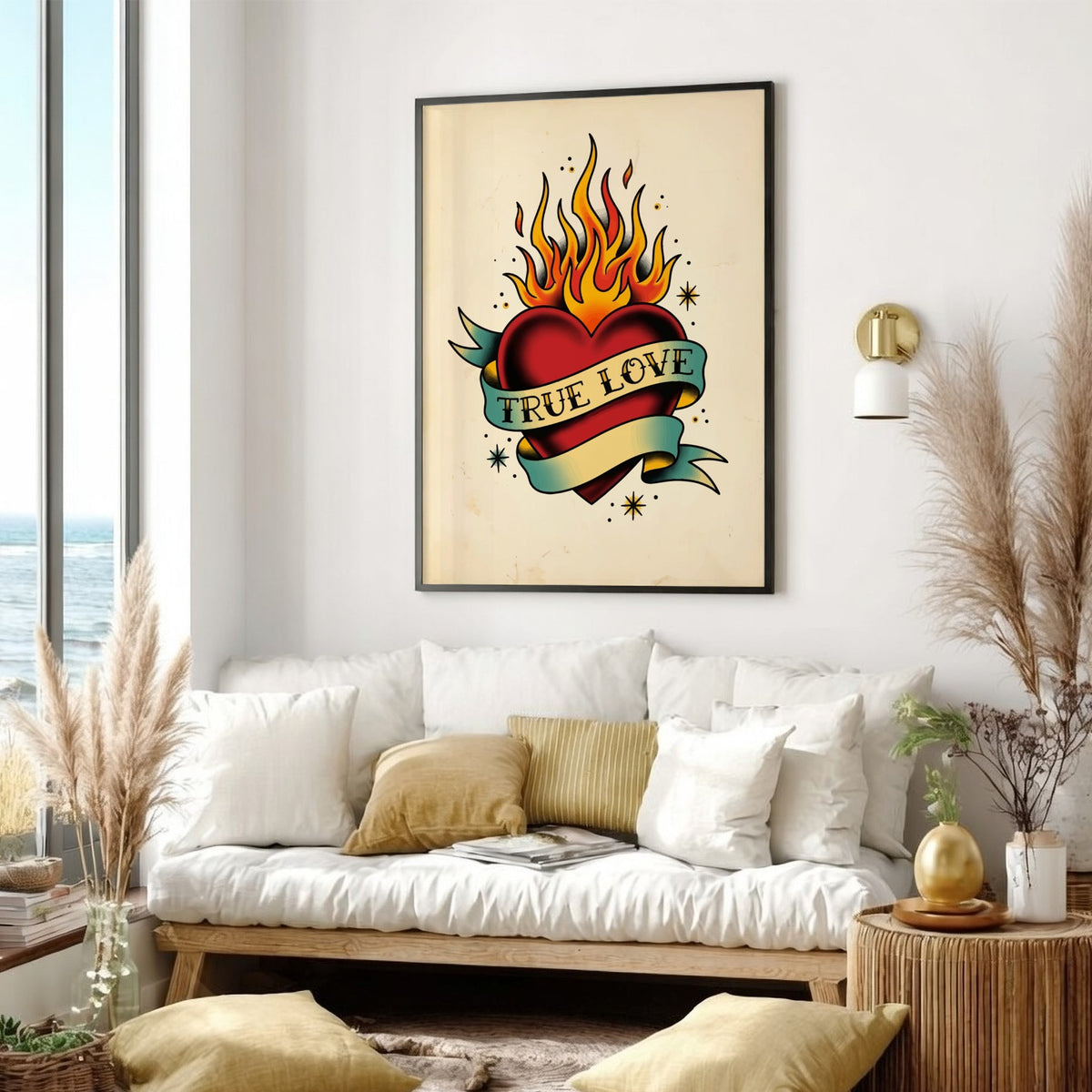 Poster featuring a traditional tattoo style heart with flames and a true love banner