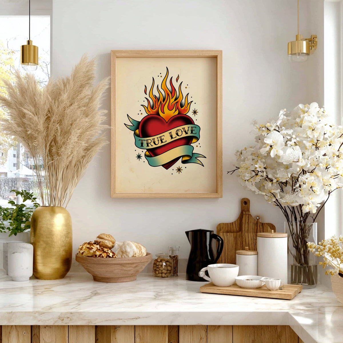 Poster featuring a traditional tattoo style heart with flames and a true love banner