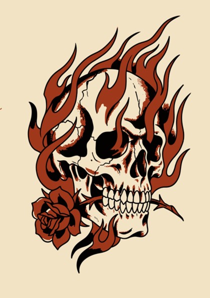 Poster featuring a skull surrounded by stylized flames holding a rose in its teeth