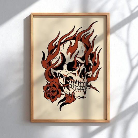 Poster featuring a skull surrounded by stylized flames holding a rose in its teeth