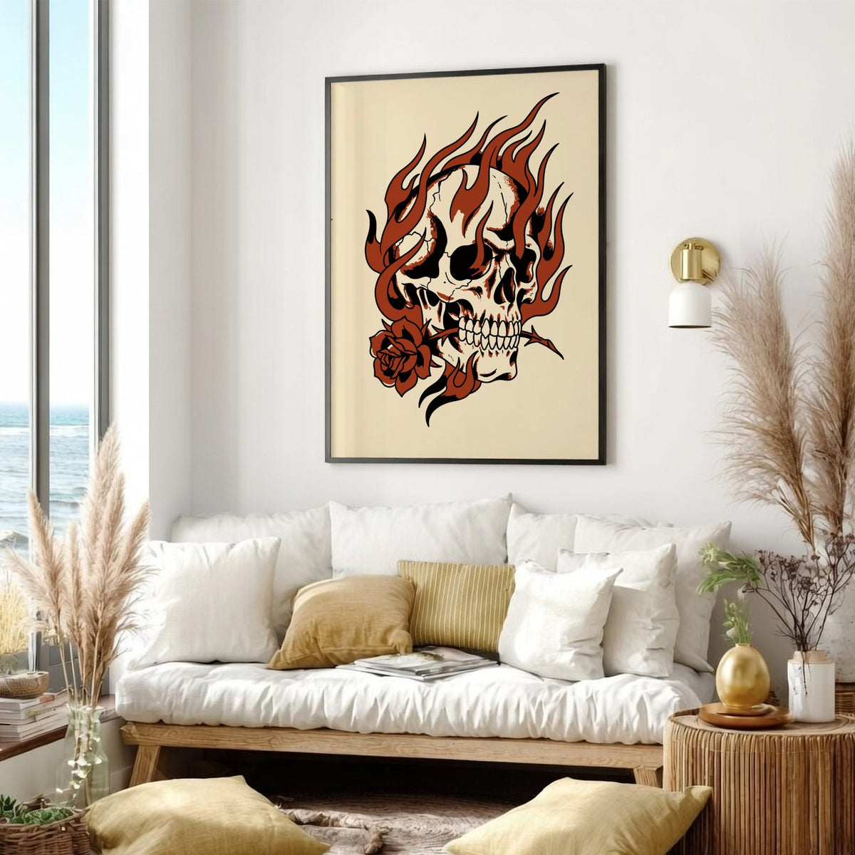 Poster featuring a skull surrounded by stylized flames holding a rose in its teeth