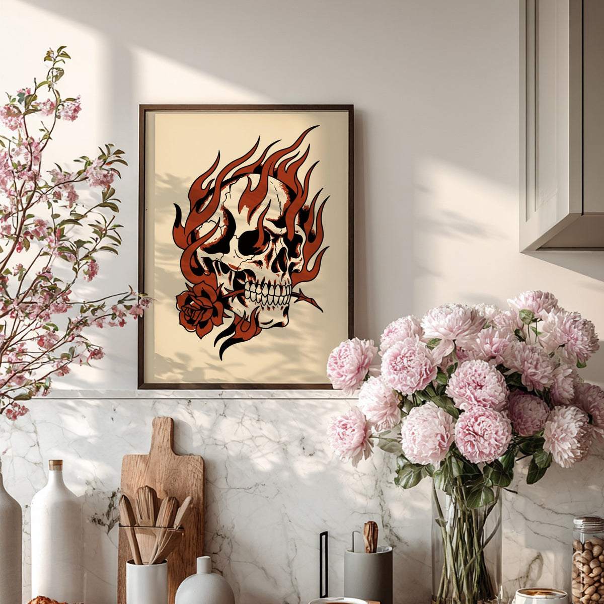 Poster featuring a skull surrounded by stylized flames holding a rose in its teeth