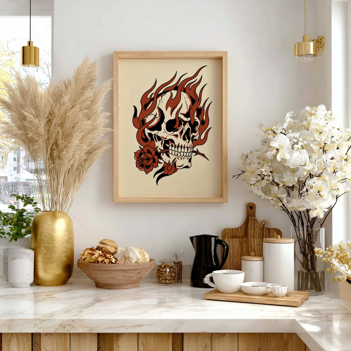 Poster featuring a skull surrounded by stylized flames holding a rose in its teeth