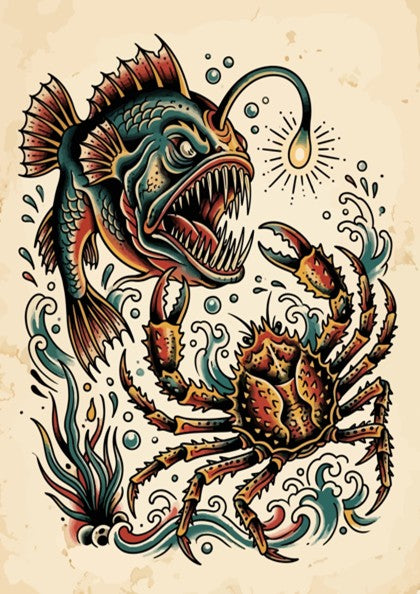 Poster featuring a traditional tattoo style anglerfish and crab in deep sea colours.