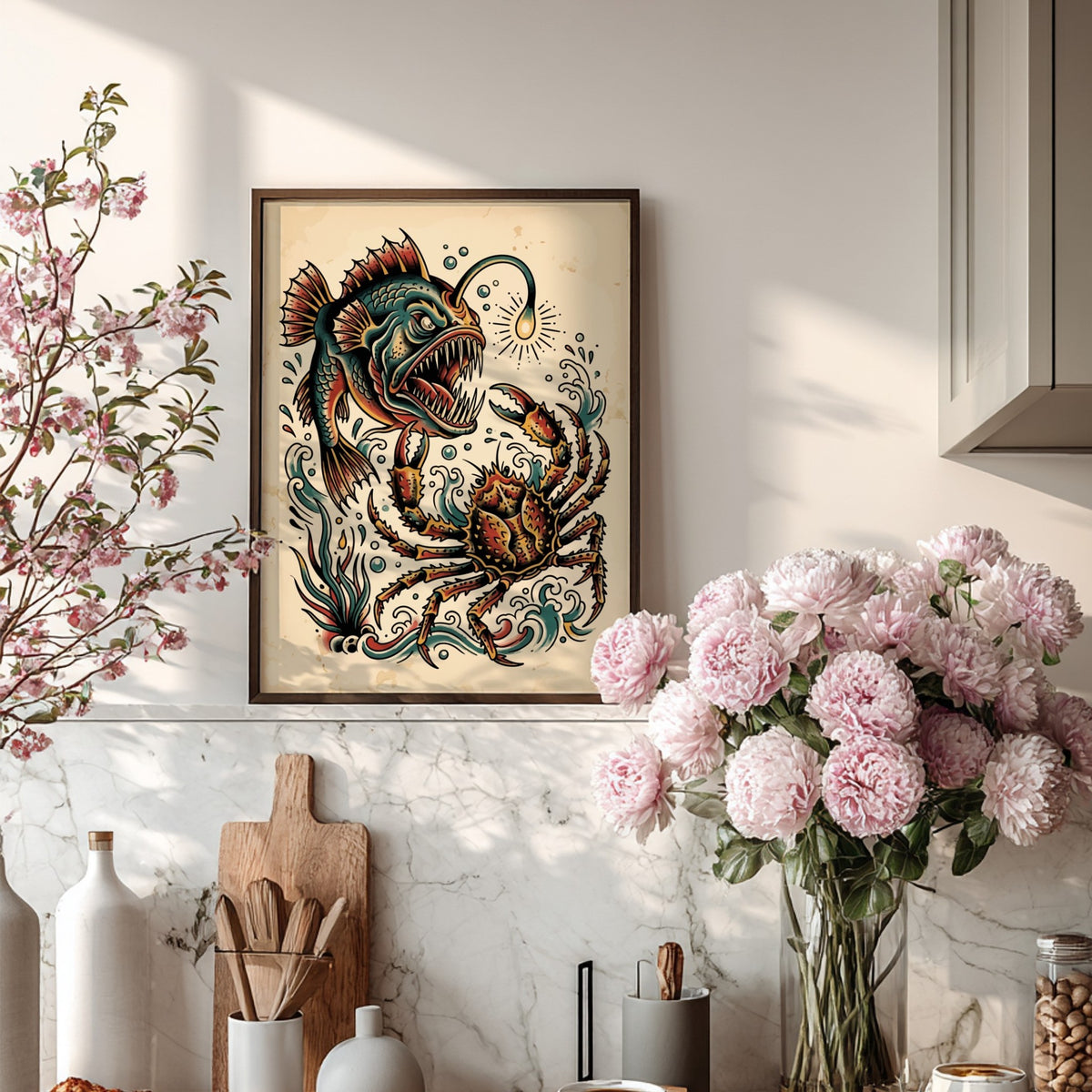 Poster featuring a traditional tattoo style anglerfish and crab in deep sea colours.