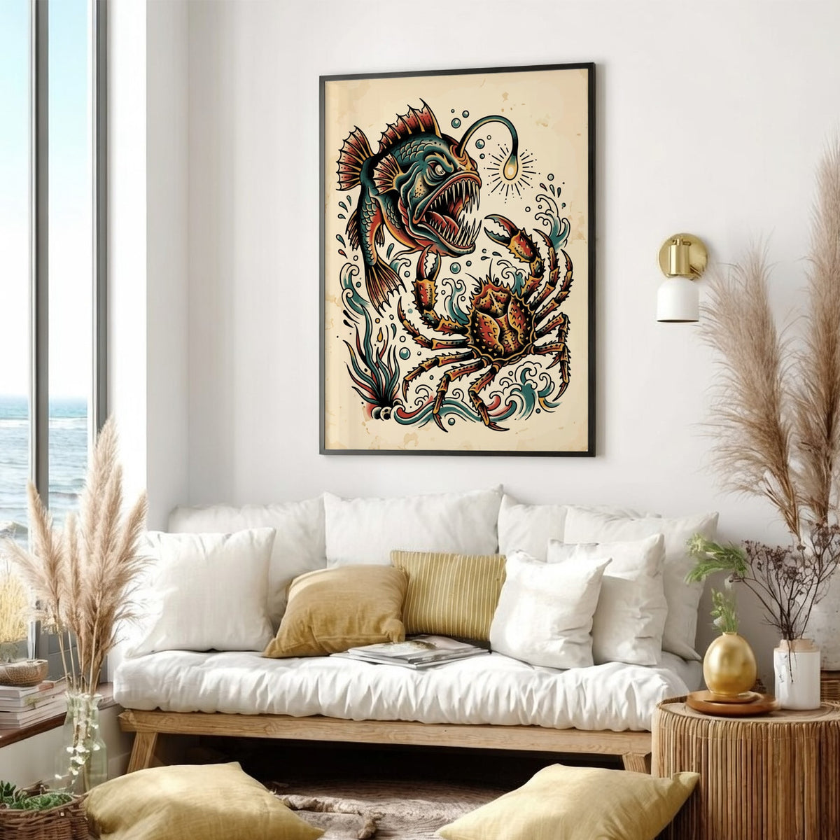 Poster featuring a traditional tattoo style anglerfish and crab in deep sea colours.