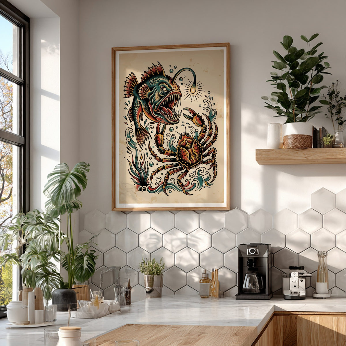 Poster featuring a traditional tattoo style anglerfish and crab in deep sea colours.