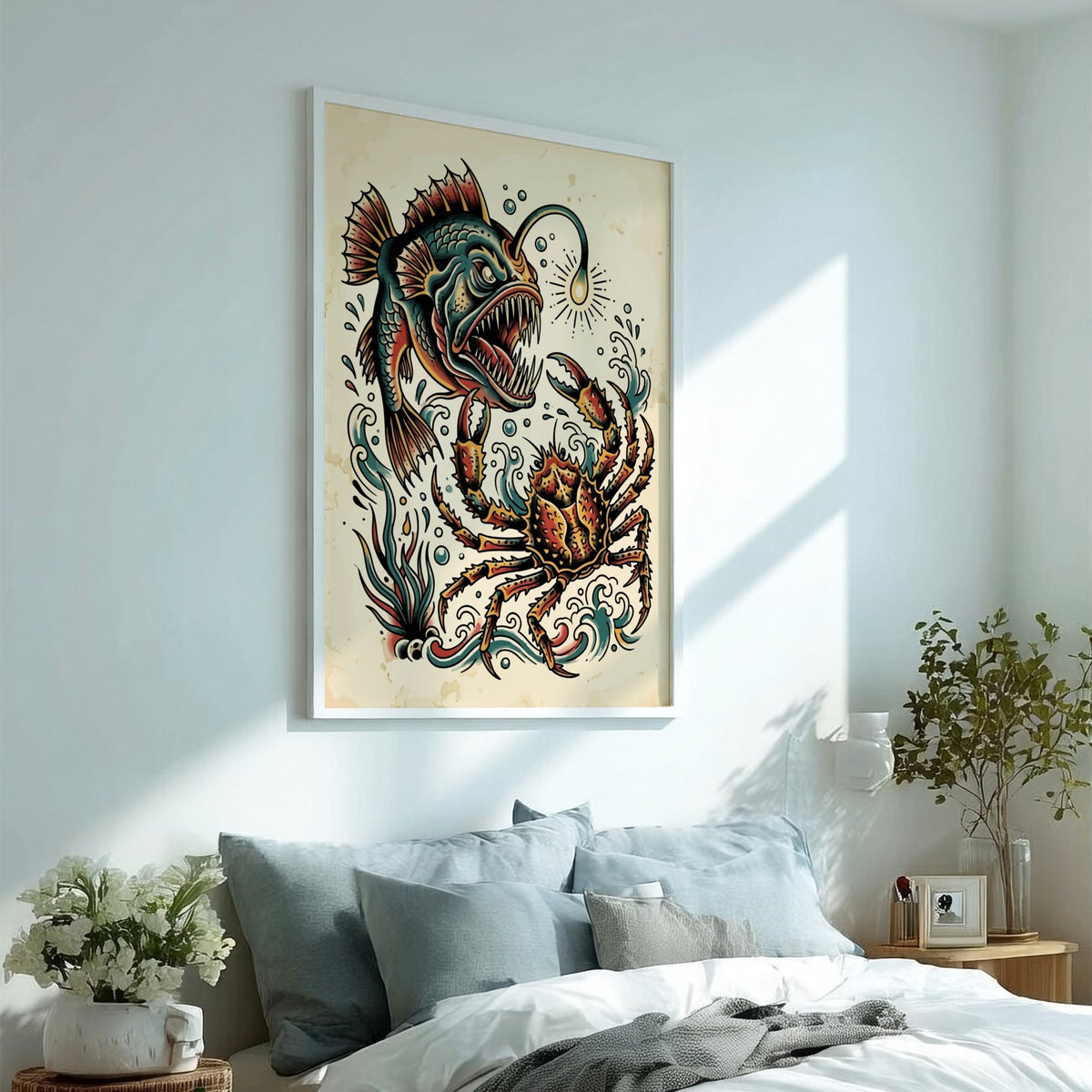 Poster featuring a traditional tattoo style anglerfish and crab in deep sea colours.