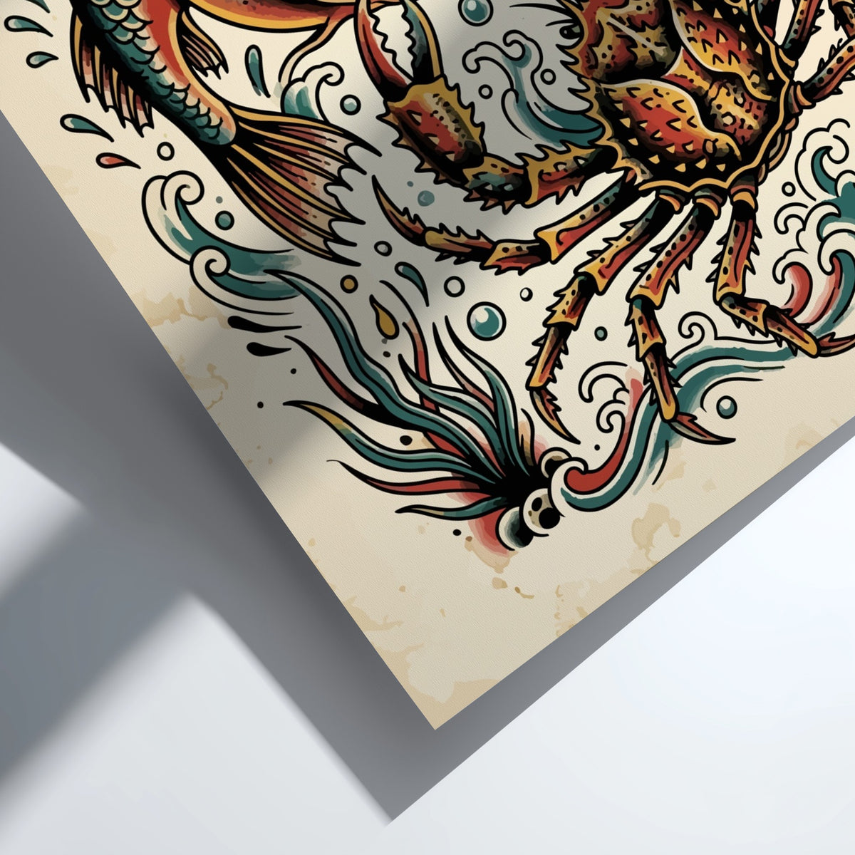 Poster featuring a traditional tattoo style anglerfish and crab in deep sea colours.