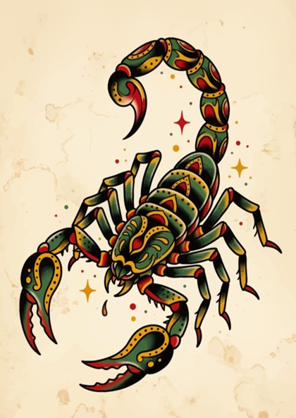Poster featuring a traditional neo-traditional scorpion with green and gold ornamental tattoo patterns.