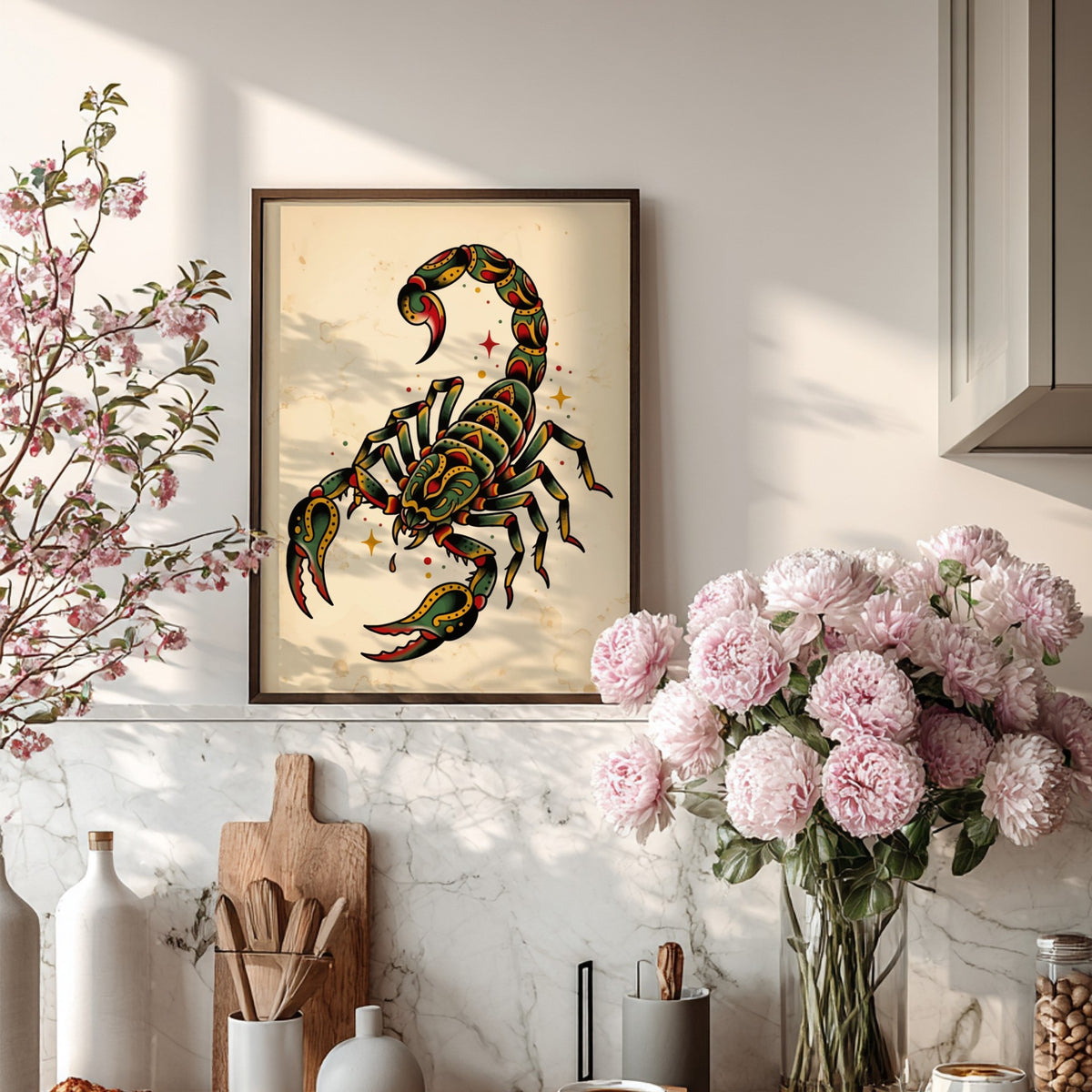 Poster featuring a traditional neo-traditional scorpion with green and gold ornamental tattoo patterns.