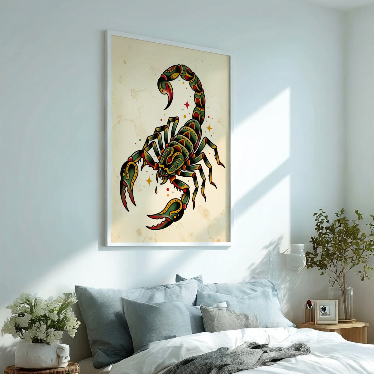 Poster featuring a traditional neo-traditional scorpion with green and gold ornamental tattoo patterns.