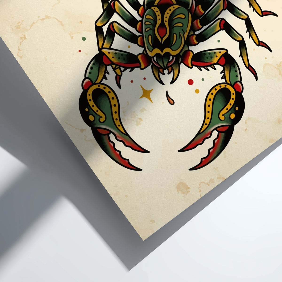 Poster featuring a traditional neo-traditional scorpion with green and gold ornamental tattoo patterns.