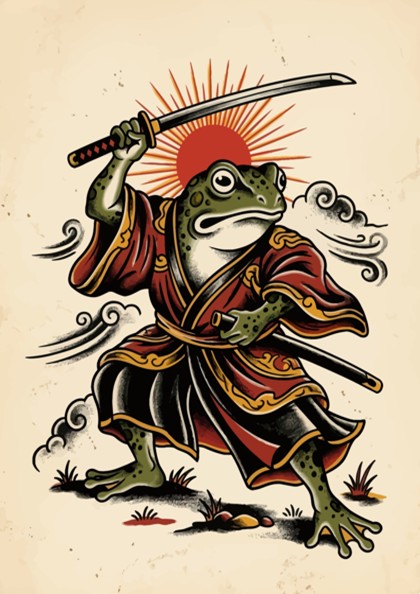 Poster of a samurai frog in red robes wielding a katana with a sun