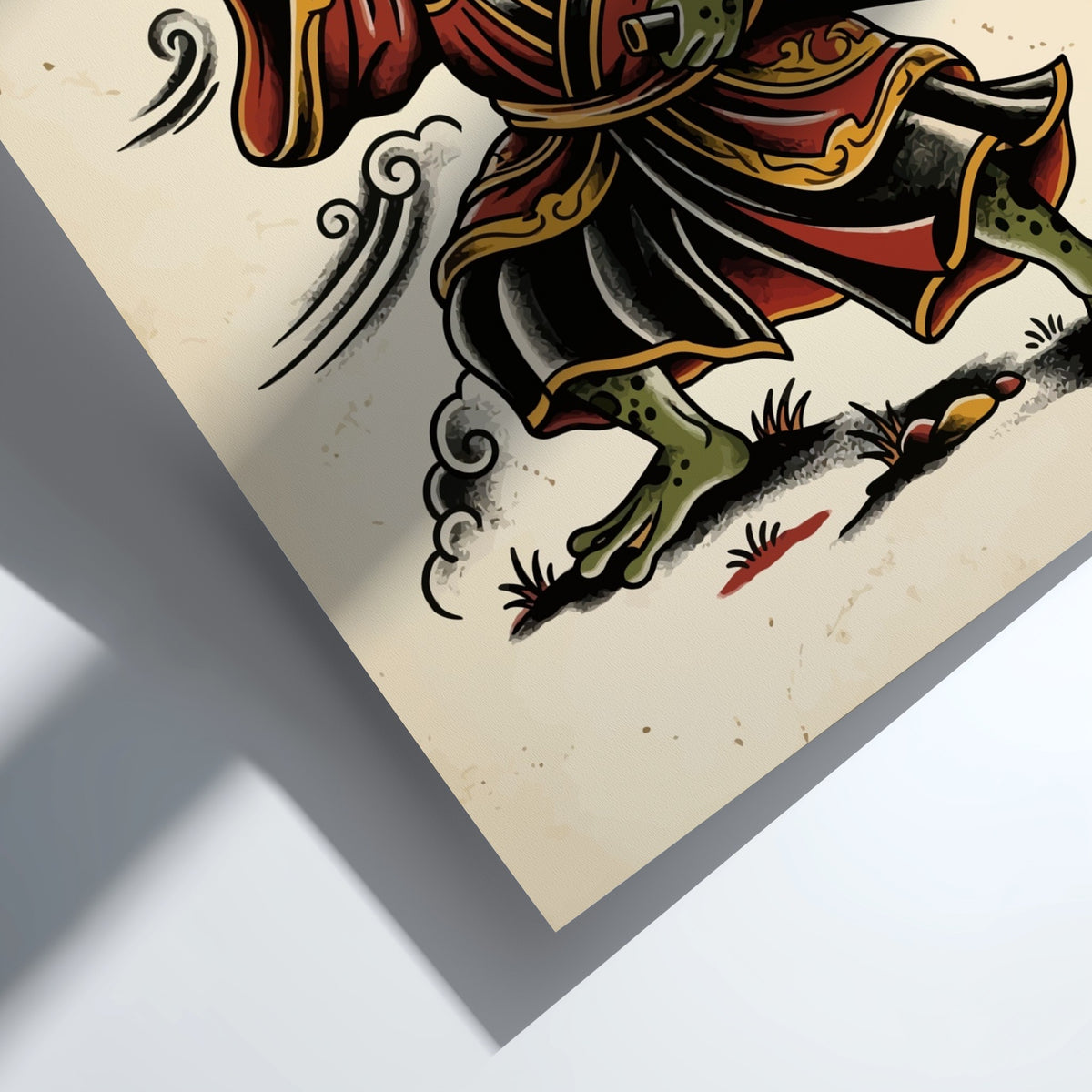 Poster of a samurai frog in red robes wielding a katana with a sun